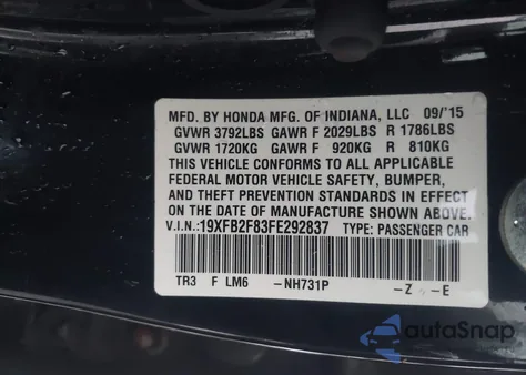 2015 Honda Civic Ex из США, поврежденный, VIN 19XFB2F83FE292837